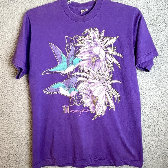 Fruit of the Loom Other - Vintage Hummingbird nature T Shirt Size Medium Single Stitch Glitter Floral 90s